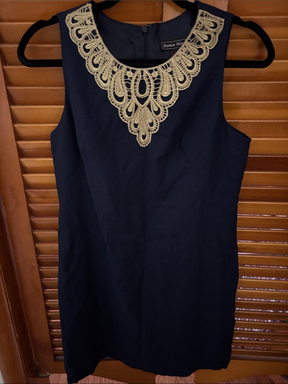 Jessica Howard Navy Sleeveless Dress with Gold Lace Collar